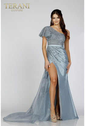 Terani Couture 231E0517 Elegant Prom One-Shoulder Beaded Ruffled Evening Satin Dress