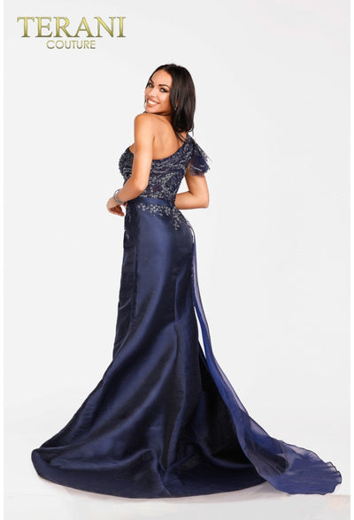 Terani Couture 231E0517 Formal One-Shoulder Sheath Ruffled Beaded Evening Satin Dress