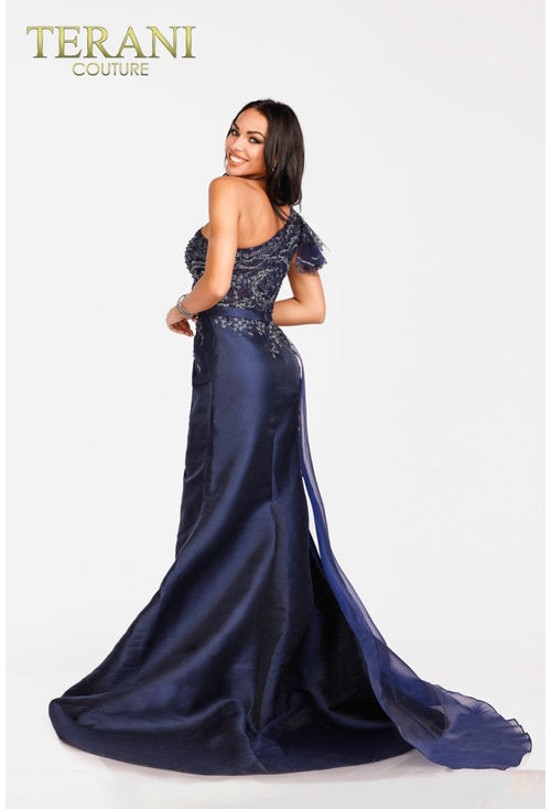 Terani Couture 231E0517 Formal One-Shoulder Sheath Ruffled Beaded Evening Satin Dress