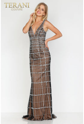 Terani Couture 231GL0398 Sophisticated Formal Prom V-Neck Column Evening Beaded Dress