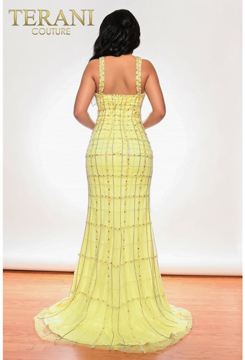 Terani Couture 231GL0398 Sophisticated Formal Prom V-Neck Column Evening Beaded Dress
