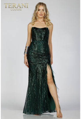Terani Couture 231P0030 Prom Strapless Sheath Sequined Slit Long Evening Sequin Dress