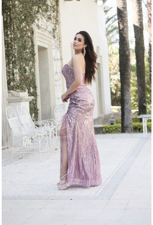 Terani Couture 231P0030 Prom Strapless Sheath Sequined Slit Long Evening Sequin Dress