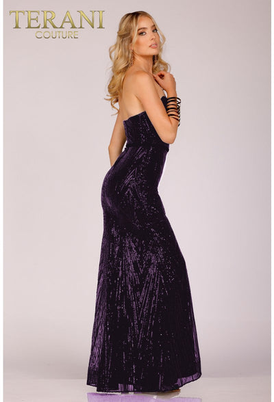 Terani Couture 231P0030 Prom Strapless Sheath Sequined Slit Long Evening Sequin Dress