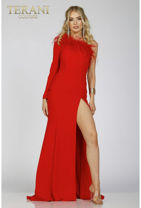 Clearance Terani Couture 231P0066 Red Size 10 One Shoulder Feather Trim Evening Gown with Thigh-High Slit