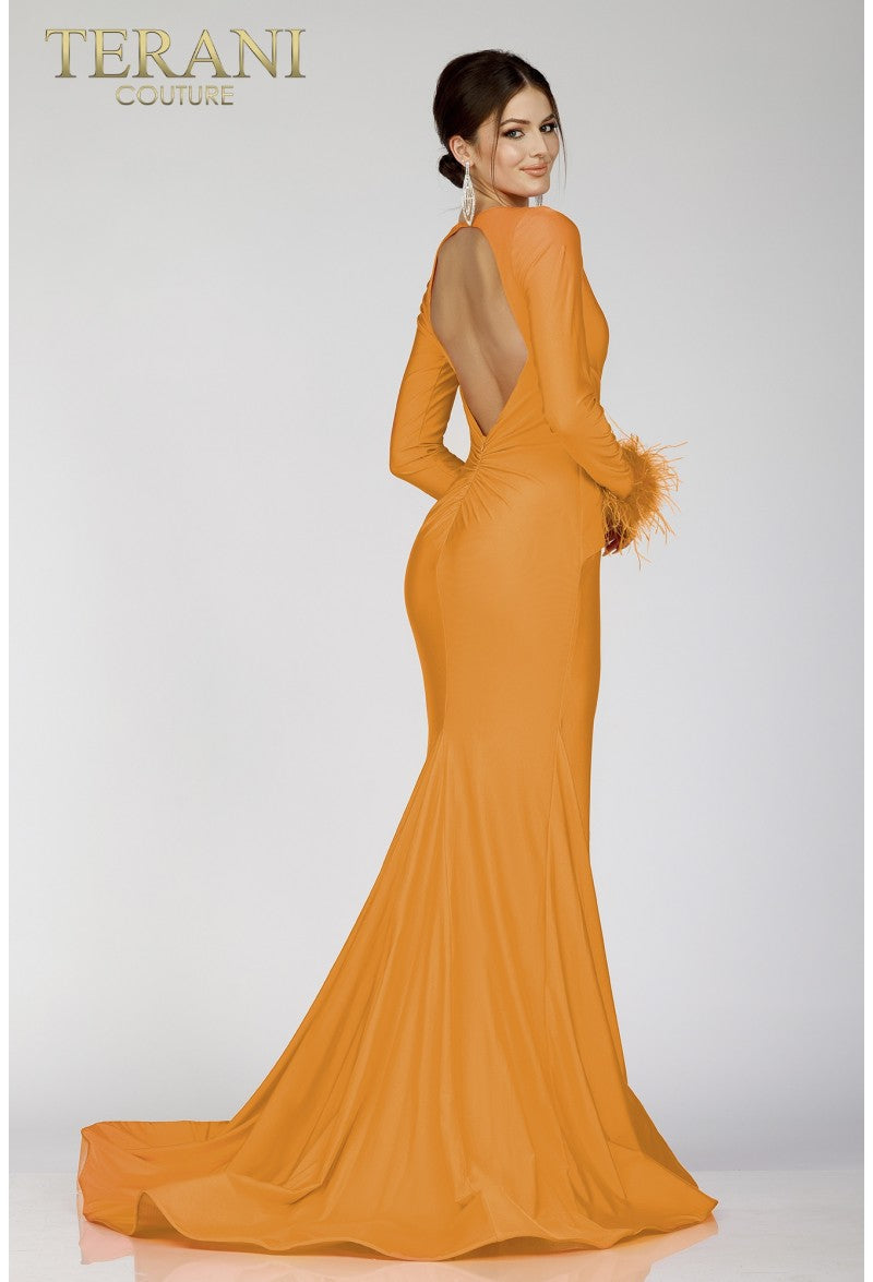 Terani Couture 231P0074 Vestido formal de sirena con mangas largas