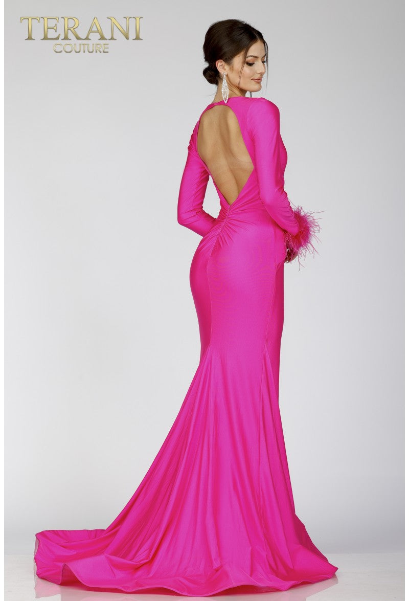 Terani Couture 231P0074 Vestido formal de sirena con mangas largas