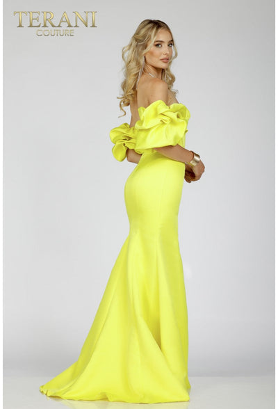 Terani Couture 231P0181 Formal Sheath Corset Ruffled Long Emerald Evening Satin Dress