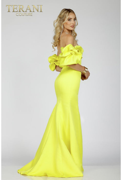 Terani Couture 231P0181 Formal Sheath Corset Ruffled Long Emerald Evening Satin Dress