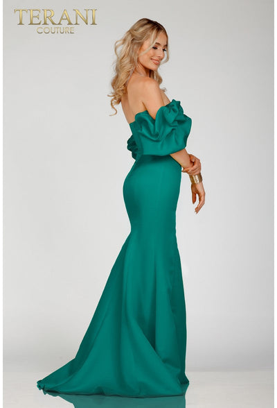 Terani Couture 231P0181 Formal Sheath Corset Ruffled Long Emerald Evening Satin Dress
