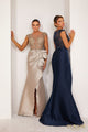Vestido de noche Terani Couture 232e1300 de mikado elástico con mangas cortas y corte trompeta, brillante