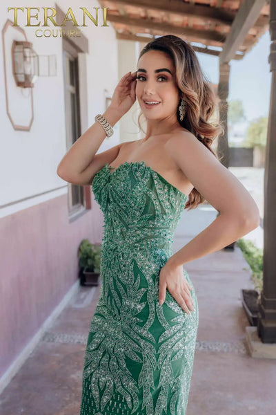 Terani Couture 232GL1442 Prom Strapless Mermaid Beaded Corset Long Evening Tulle Dress