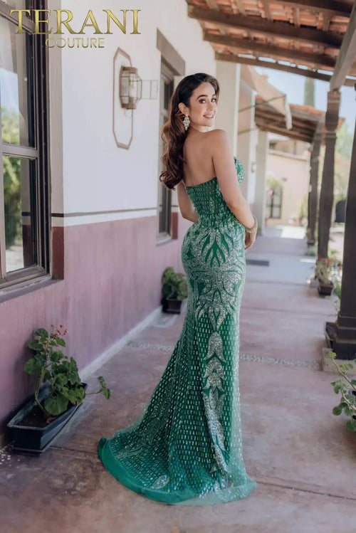 Terani Couture 232GL1442 Prom Strapless Mermaid Beaded Corset Long Evening Tulle Dress