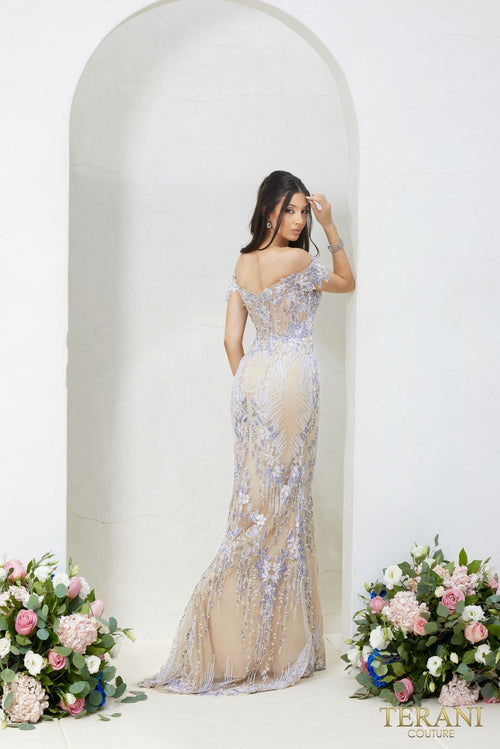 Terani Couture 232GL1493 Evening Prom Off-Shoulder Trumpet Long Formal Nude Tulle Dress
