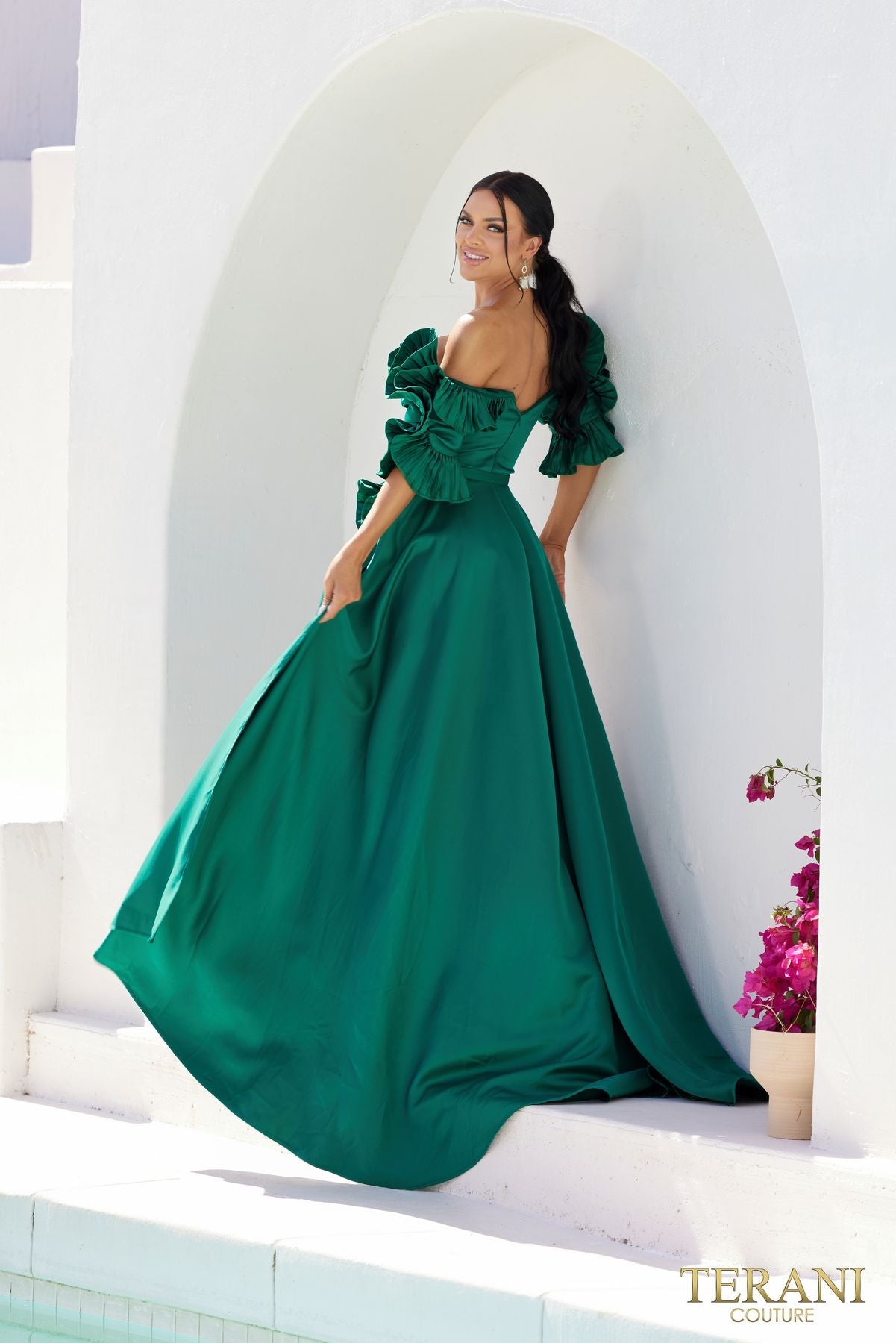Terani Couture 232m1510 Off Shoulder V Line Satin Evening Dress