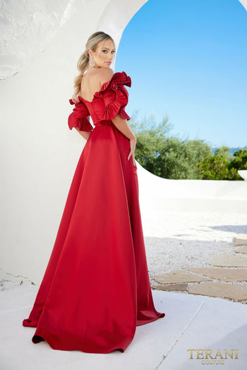 Terani Couture 232m1510 Off Shoulder V Line Satin Evening Dress