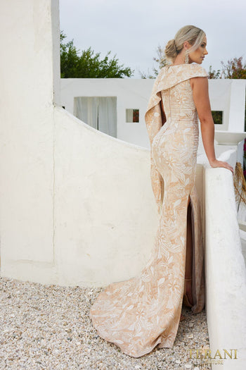 Terani Couture 232m1571 Asymmetrical Jacquard Champagne Trumpet Evening Dress