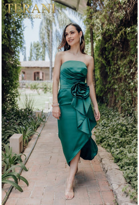 Terani Couture 232C1122 Elegant Evening Strapless High-Low Pleated Formal Satin Dress