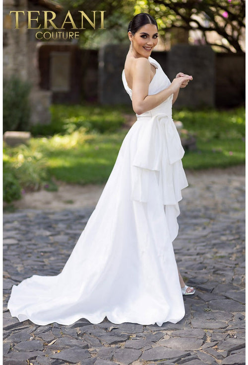 Terani Couture 232C1134 Elegant Cocktail High-Low Sheath Ruffled Formal Taffeta Dress