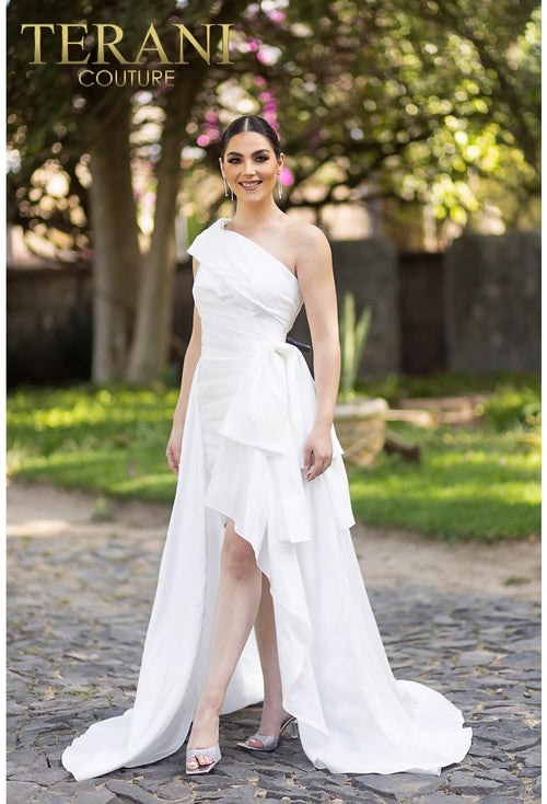 Terani Couture 232C1134 Elegant Cocktail High-Low Sheath Ruffled Formal Taffeta Dress