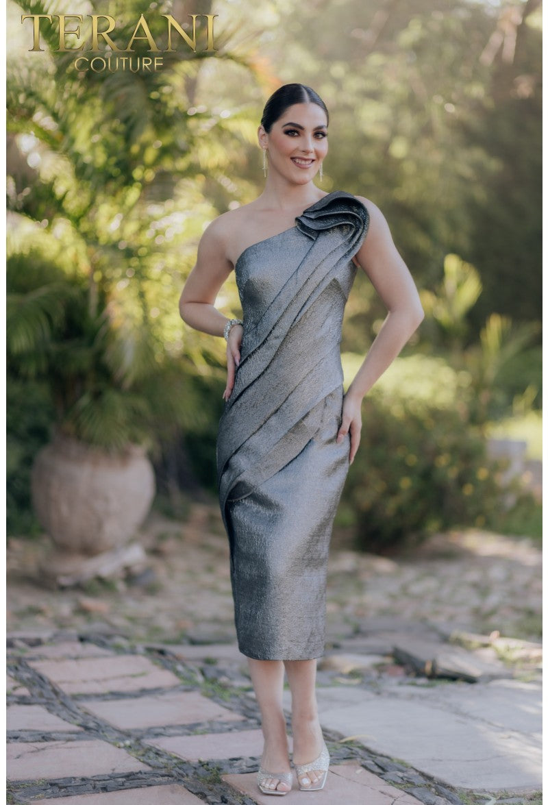 Elegant Cocktail Sheath Pleated Formal Silver Jacquard Dress 232C1138 by  Terani Couture