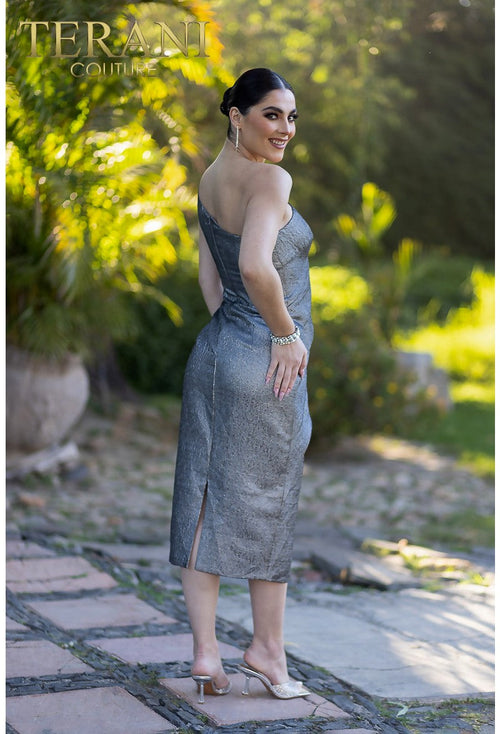 Terani Couture 232C1138 Metallic Tea Length Short Cocktail Party Dress