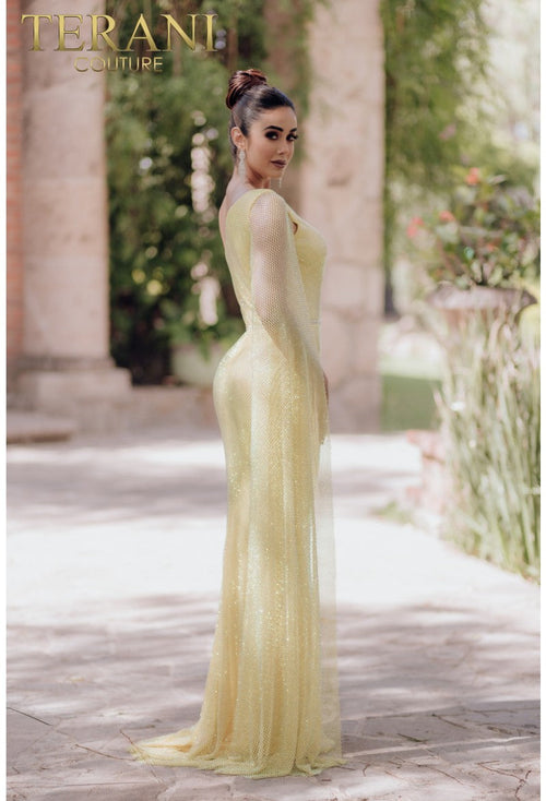 Terani Couture 232E1209 Prom One-Shoulder Sheath Sheer Cape Beaded Formal Tulle Dress
