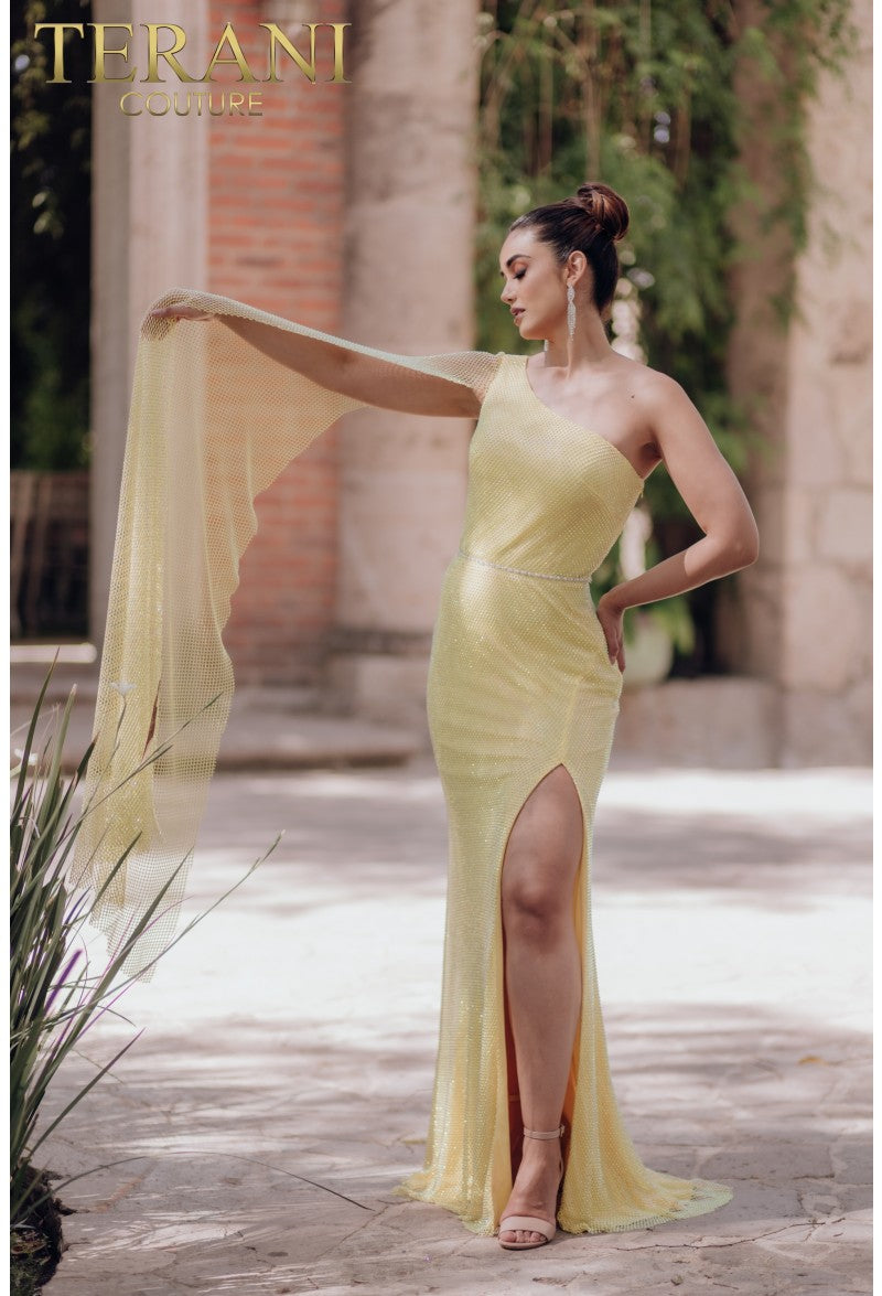 Terani Couture 232E1209 - Assymetric Cape Gown 18 / Black Terani Couture 232E1209 - Assymetric Cape Gown 18 / Black