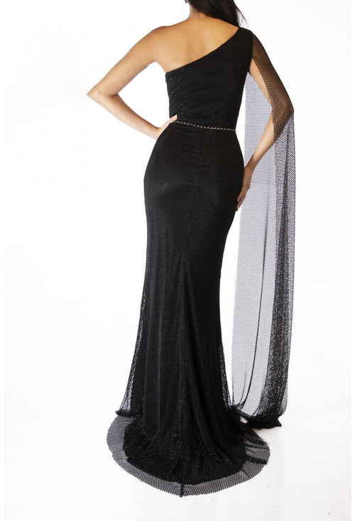 Terani Couture 232E1209 Prom One-Shoulder Sheath Sheer Cape Beaded Formal Tulle Dress