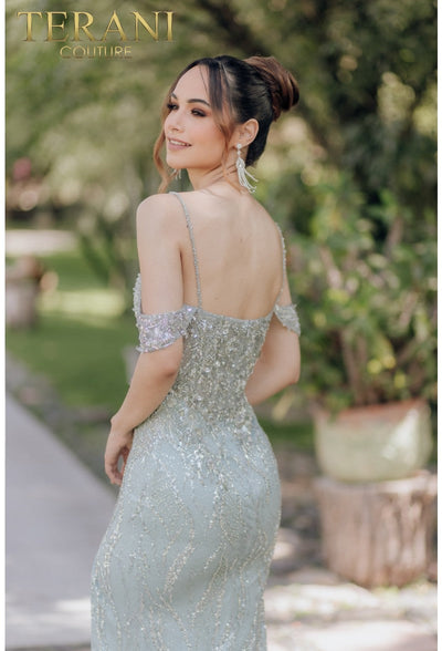 Terani Couture 232E1215 Prom Off-Shoulder Sheath Slit Long Evening Beaded Tulle Dress