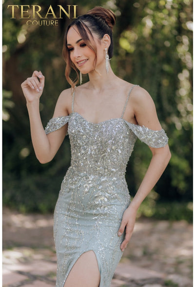 Terani Couture 232E1215 Prom Off-Shoulder Sheath Slit Long Evening Beaded Tulle Dress