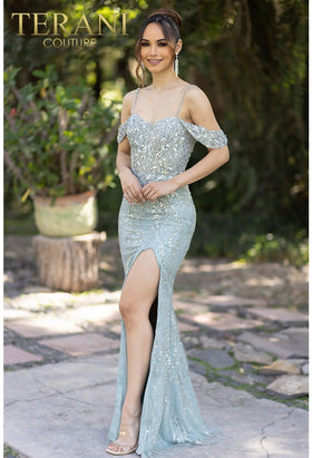 Terani Couture 232E1215 Prom Off-Shoulder Sheath Slit Long Evening Beaded Tulle Dress