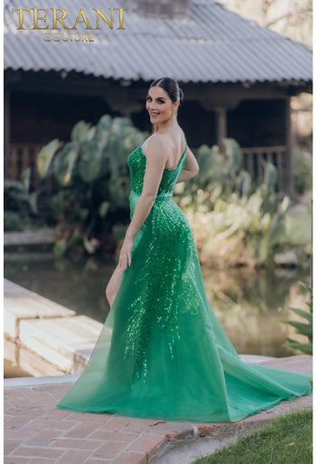 Vestido asimétrico sin mangas con sobrefalda de satén bordado - Terani Couture 232e1229