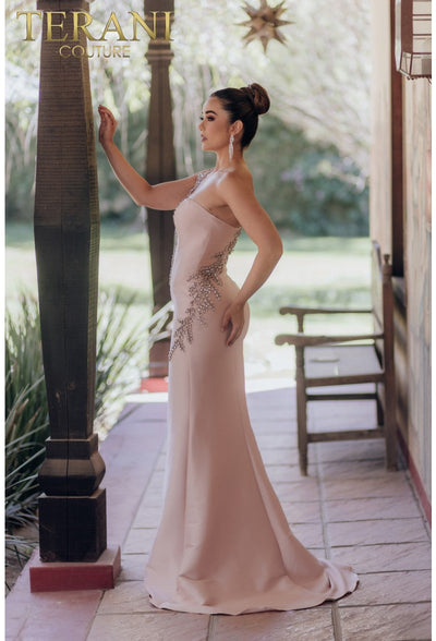 Terani Couture 232E1231 One-Shoulder Asymmetrical Mermaid Beaded Formal Mikado Dress