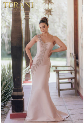 Terani Couture 232E1231 One-Shoulder Asymmetrical Mermaid Beaded Formal Mikado Dress