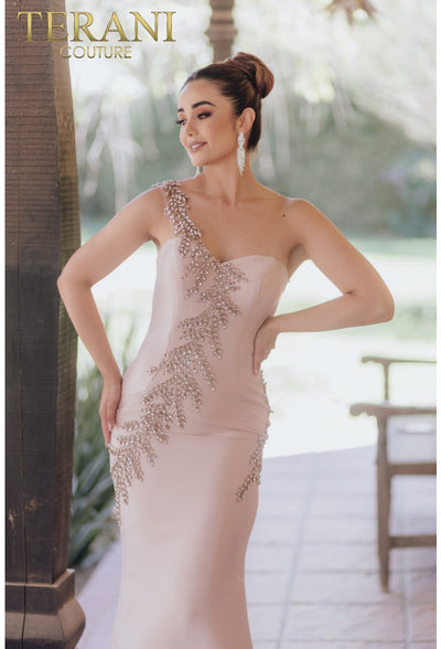 Terani Couture 232E1231 One-Shoulder Asymmetrical Mermaid Beaded Formal Mikado Dress