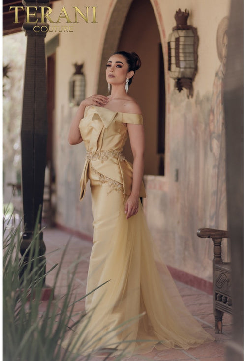Terani Couture 232E1241 Elegant Evening Off-Shoulder Mermaid Beaded Long Mikado Dress