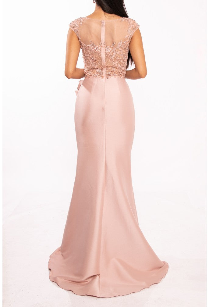 Vestido de noche Terani Couture 232e1300 de mikado elástico con mangas cortas y corte trompeta, brillante