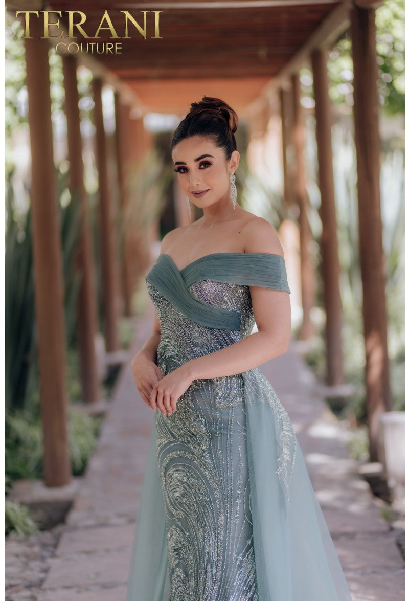 Vestido largo de fiesta con sobrefalda y cuentas Terani Couture 232E1334