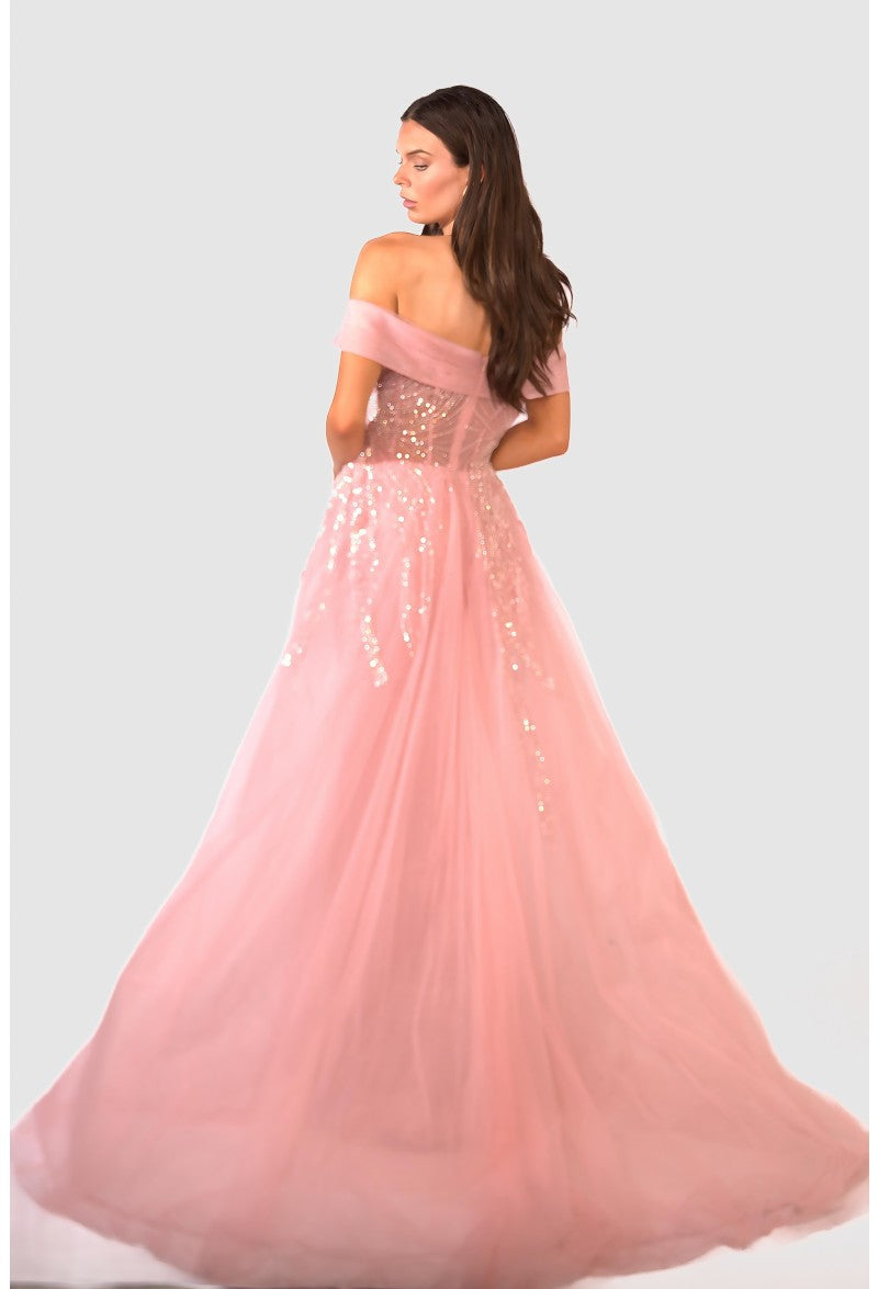 Vestido largo de fiesta con sobrefalda y cuentas Terani Couture 232E1334