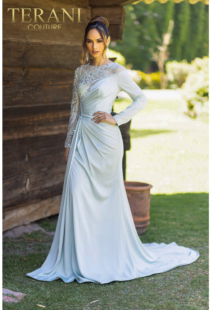green emerald velvet dress Elegant Glamorous Evening Prom Beaded Long Formal Satin Gown 232E1335 by  Terani Couture