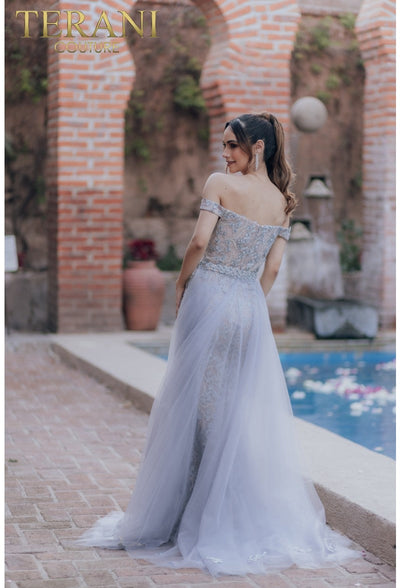 Terani Couture 232GL1417 Elegant Formal Mermaid Long Silver Evening Beaded Tulle Dress