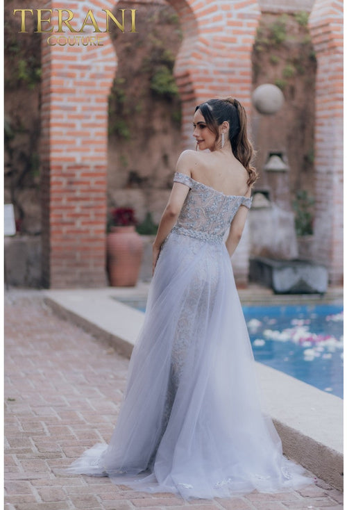 Terani Couture 232GL1417 Elegant Formal Mermaid Long Silver Evening Beaded Tulle Dress