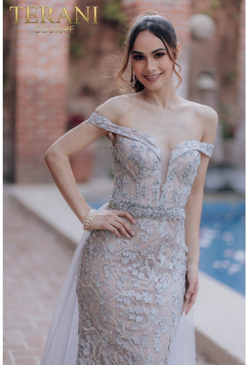 Vestido largo de fiesta con sobrefalda y cuentas Terani Couture 232GL1417