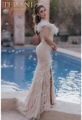 Terani Couture 232GL1438 Feather Embellished Long Formal Prom Gown