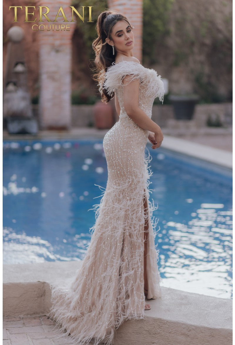 Terani Couture 232GL1438 Feather Embellished Long Formal Prom Gown
