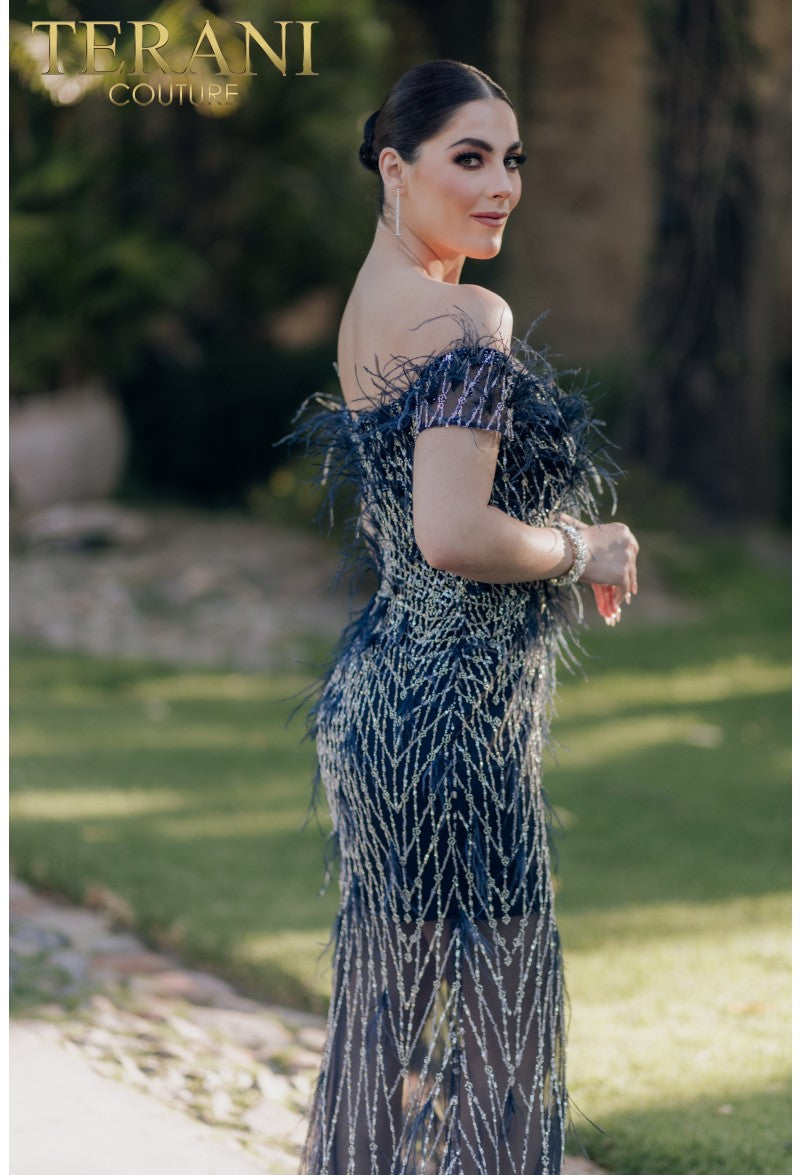 Terani Couture 232GL1439 Strapless Beaded Feather Long Prom Gown