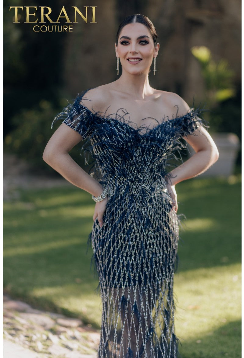 Terani Couture 232GL1439 Strapless Beaded Feather Long Prom Gown