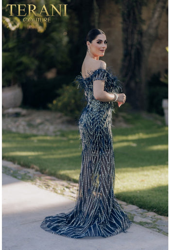 Dazzling Terani Couture 232GL1439 Feather Beaded Formal Prom Dress