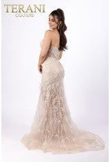 Embroidery Feathered Strapless Long Sheer Skirt Dress - Terani Couture 232gl1444